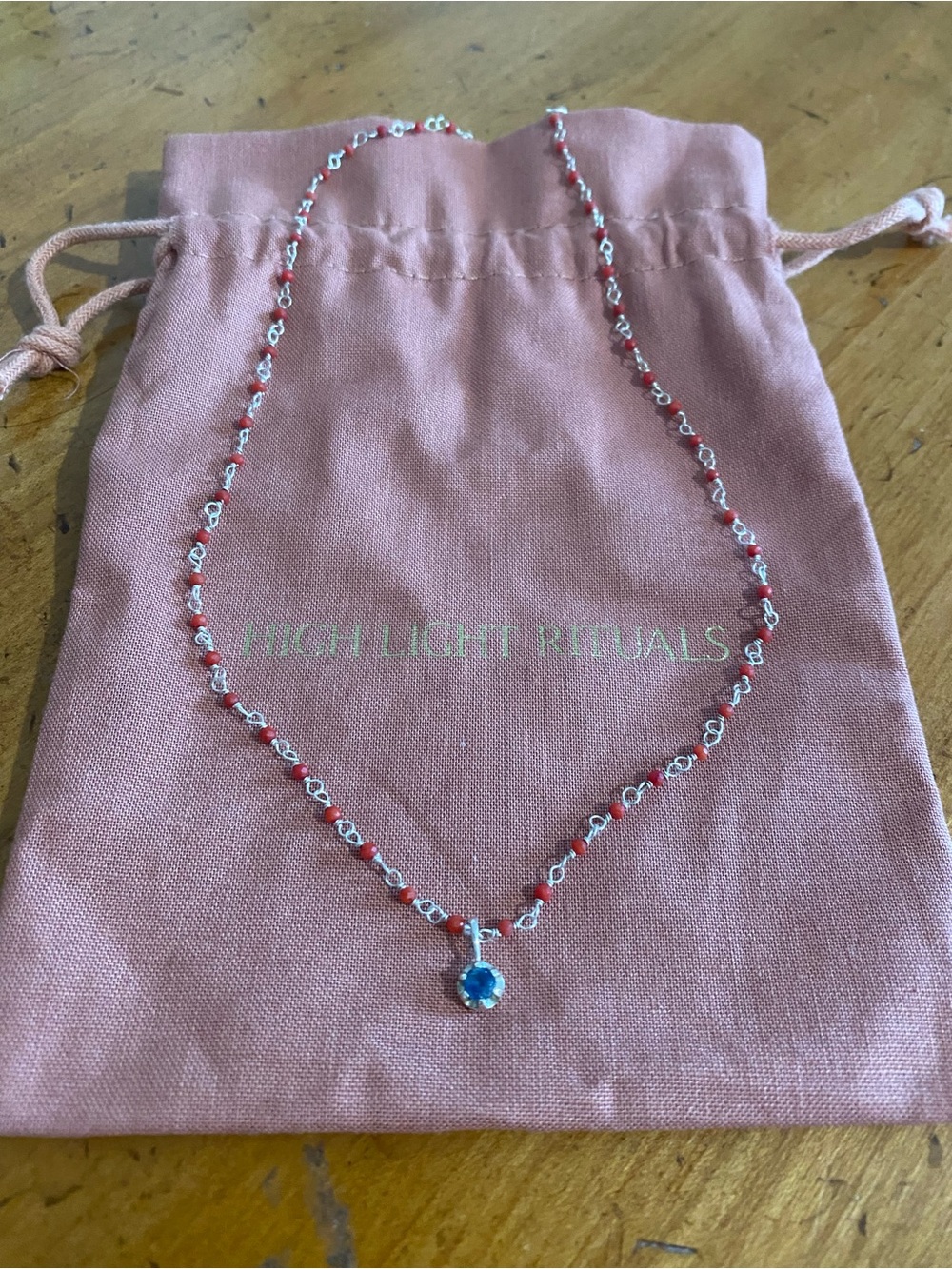 High Light Rituals Sea & Sky Silver Necklace with Coral Beads & Sapphire Pendant
